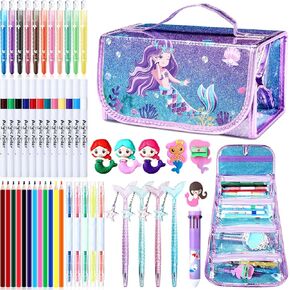Pasimy Mermaid Art Craft Kit for Kids Coloring Set, 106 Pcs Markers Set with Mermaid Pencil Case, Crayons, Gel Pens, Stickers, Drawing Set Mermaid Art Supplies Birthday Gifts for Girls 3-12 Years Old