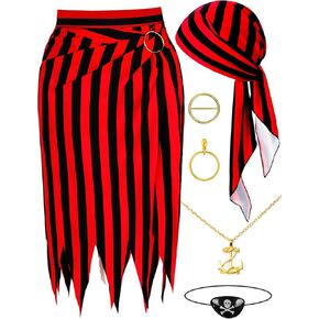 6 Pieces Pirate Costume Pirate Skirt Costume Women Pirat Open Design Skirt Dress Adults Head Scarf Hat Eye Patch Skeleton Necklace Earrings Pirate Accessories For Halloween Men Women Role Play