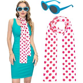 Pink Polka Dot Scarf with Blue Frame Polarized Sunglasses, Lucy Costume Accessories for Women Girls for Halloween Cosplay Dress up Party