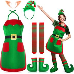 Eurzom Elf Costume for Women Christmas Elf Costume Set Santa Helper Costume Elf Hat Shoes Covers Socks Felt Striped Stockings Elf Ears Set Costume Accessories for Christmas Party