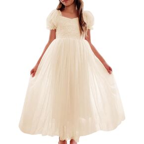 Girls V-Neck Short Sleeve Lace Flower Girls Dresses A line Illusion Tulle Summer Wedding Party Long Dress