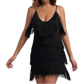Cami V Neck 20S Tassel Fringe Party Dress, Women's Flapper Tassel Spaghetti Strap Mini Gatsby Sexy Nightclub Dress