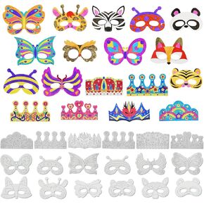 48 PCS Color Your Own Paper Crowns and Paper Masks, DIY Art Coloring Craft Activity for Kids Birthday Dress up Party Favors Decoration, School Home Art Coloring Activities