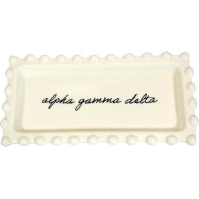 Sorority Shop Alpha Gamma Delta Jewelry Dish - Rectangular Gloss Finish Ceramic tray with Sorority Name in Cursive Script, Multi-Function Ceramic Ring Dish, Ideal for Jewelry and Keys