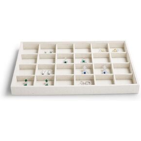 24 Grid Linen Jewelry Trays Stackable Jewelry Display Tray Jewelry Organizer Drawer Ring Earring Organizer Tray Jewelry Trays For Drawers Rings Earrings Holder Organizer Tray(Beige)