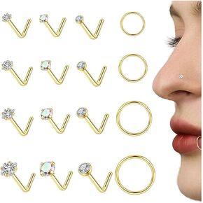 16PCS 14K Gold Plated Nose Studs 316L Surgical Steel Gold Nose Rings CZ L Shaped Nose Hoop Rings Hypoallergenic Nose Piercing Jewelry for Women Men 20G