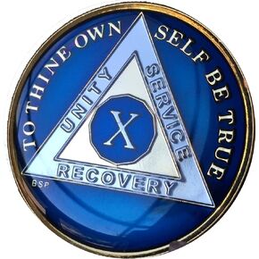 10 Year Midnight Blue AA Alcoholics Anonymous Medallion Chip Tri Plate Gold & Nickel Plated Serenity Prayer