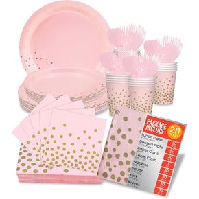 Jubi Pink and Gold Polkadot Paper Dinnerware Set for 30 - Party Plates and Napkins Sets, Pink Party Plates and Cups, Pink and Gold Plates Disposable, Holiday Plates Set