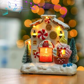 Christmas Village Statues，Christmas Village Houses Architectural Decorations Snowman Spinning Train LED Lights with Music Battery or USB Christmas Home Decor Gifts Festive Holiday Decorations