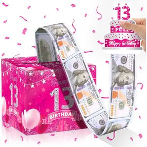 13th Birthday Gifts for Girls Hot Pink 13th Birthday Money Box for Cash Gift Pull Surprise Birthday Money Gift Boxes with Pull Out Card for Kids Pink 13th Birthday Party Decorations Supplies