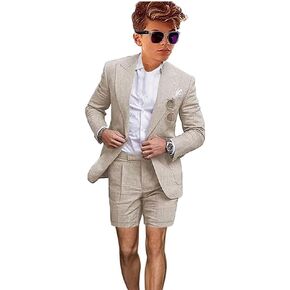 Mi Bo Tong Boys Linen Summer Suit 2 PC Blazer and Shorts Set Beach Wedding Tuxedos for Kids Boys Ring Bearer Outfit