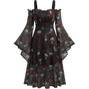 ROSE GAL Rosegal Plus Size Women Medieval Dress Gothic Bell Sleeves Cold Shoulder Skulls Dress Halloween Dress