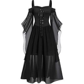 Womens Medieval Dress Boat Neck Fly Sleeve Off Shoulder Maxi Dress Vintage Swing Dress Halloween Costumes