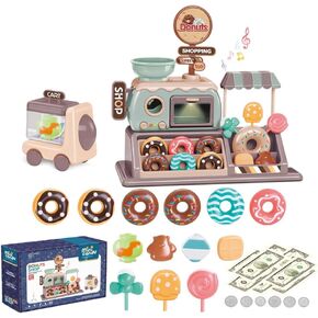 Pretend Play Donut Toy Candy Store Toy Realistic Functional Donut Oven with Lights and Sound Carrier Cart Candy Shop Toys 34pcs Kids Shopping Store Play Money Dessert Toy Educational Playset for Kids