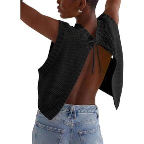 Women Y2K Backless Sweater Vest Tie Up Split Open Back Knit Vest Sleeveless Crewneck Pullover Summer Tank Crop Tops