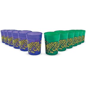 Fun Express - Mardi Gras Re-Usable Plastic Cups (12pc) 11 ounce - Party Supplies - Drinkware - Mardi Gras