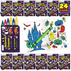 ArtCreativity Bulk 24 Pack Halloween Mini Coloring Book Kit, Each Set Includes 1 Small Coloring Booklet & 4 Crayons, Great Halloween Party Favors, Halloween Gifts for Kids & Non-Candy Halloween Treats