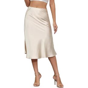 Mist Azur Women Silky Satin Side Split Skirt High Waist Elastic Elegant A Line Midi Skirts for Women
