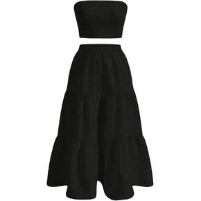 SOLY HUX Women's Summer 2 Piece Skirt Outfits Strapless Crop Tube Top and Ruffle Flowy Skirt Set