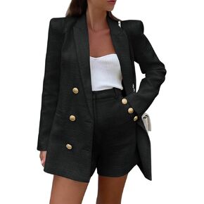 Cicy Bell Womens 2 Piece Tweed Blazer Shorts Sets Long Sleeve Double Breasted Suit Jackets Business Outfit Black, X-Large