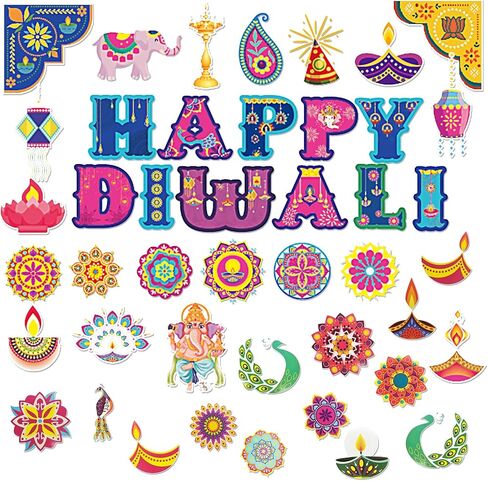 44Pcs Happy Diwali Bulletin Board Set,Indian Festival of Lights Party Themed Paper Cutouts for Hindu Festival Classroom Chalkboard Wall Decor Deepavali Party Decoration Supplies in Saudi Arabia