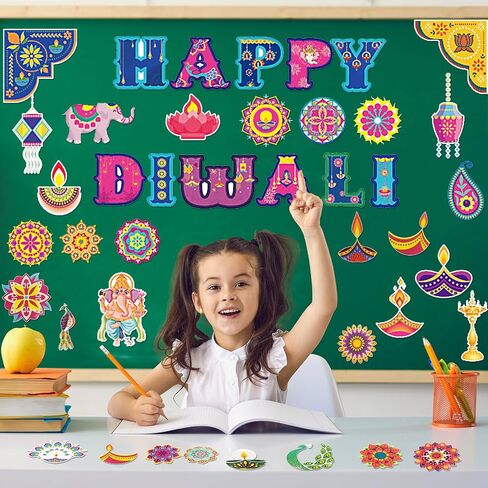 44Pcs Happy Diwali Bulletin Board Set,Indian Festival of Lights Party Themed Paper Cutouts for Hindu Festival Classroom Chalkboard Wall Decor Deepavali Party Decoration Supplies in Saudi Arabia