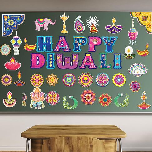44Pcs Happy Diwali Bulletin Board Set,Indian Festival of Lights Party Themed Paper Cutouts for Hindu Festival Classroom Chalkboard Wall Decor Deepavali Party Decoration Supplies in Saudi Arabia
