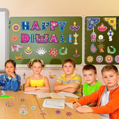 44Pcs Happy Diwali Bulletin Board Set,Indian Festival of Lights Party Themed Paper Cutouts for Hindu Festival Classroom Chalkboard Wall Decor Deepavali Party Decoration Supplies in Saudi Arabia