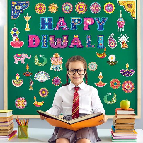 44Pcs Happy Diwali Bulletin Board Set,Indian Festival of Lights Party Themed Paper Cutouts for Hindu Festival Classroom Chalkboard Wall Decor Deepavali Party Decoration Supplies in Saudi Arabia