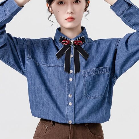 Women Bow Tie with Brooch Crystal bow brooch Ribbon Neck Tie for Working Party Accessories in Saudi Arabia