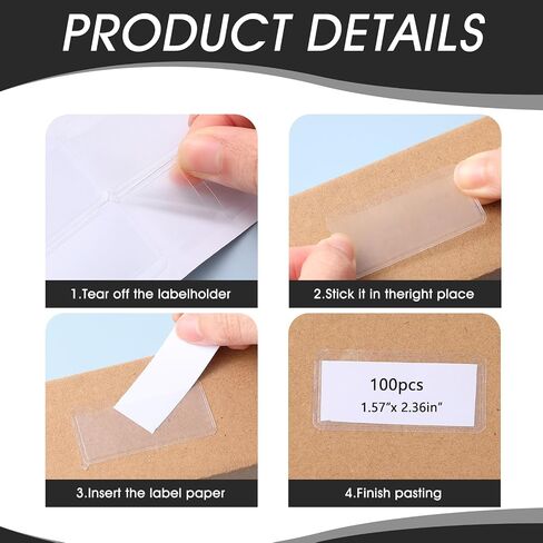 100Pcs Clear Adhesive Pockets Self Adhesive Label Holders Plastic Shelf Tag Sleeves File Cabinet Storage Bins Label Holder for School Library Bookshelf (2 x 1 Inch) in Saudi Arabia
