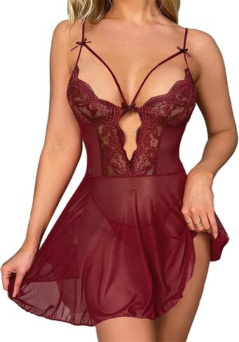 Rooscier Women's Mesh Lace Babydoll Lingerie Set Chemise Sexy Full Slip Dress in Saudi Arabia