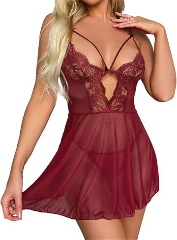 Rooscier Women's Mesh Lace Babydoll Lingerie Set Chemise Sexy Full Slip Dress in Saudi Arabia
