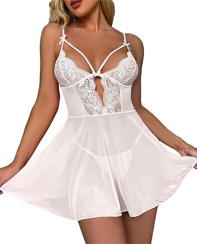 Rooscier Women's Mesh Lace Babydoll Lingerie Set Chemise Sexy Full Slip Dress in Saudi Arabia