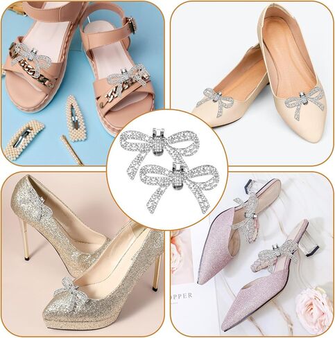 2Pcs Rhinestone Shoe Clips, Bow Shoe Clips Wedding Rhinestone Bow Shoe Buckles Removable Rhinestone Bow Shoe Clips for Heels Wedding Party Shoe Charms(Silver) in Saudi Arabia