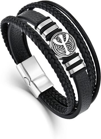 Leather Bracelet for Men,Cactus Multi-Layer Braided Bracelet Stainless Steel Wristband Black丨Brown Leather Bracelet with Clasp Cuff Bracelet Jewelry for Men in Saudi Arabia