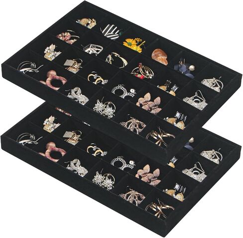 Byken 2 Pcs Stackable Jewelry Organizer Trays,24 Grids Jewelry Display Dish Tray for Selling Rings Earrings,Bedside Desktop Storage Dish for Girls (Black) in Kuwait
