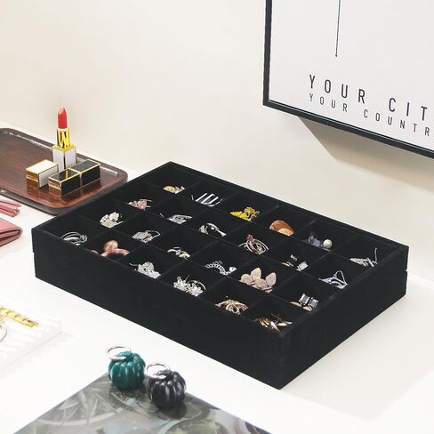 Byken 2 Pcs Stackable Jewelry Organizer Trays,24 Grids Jewelry Display Dish Tray for Selling Rings Earrings,Bedside Desktop Storage Dish for Girls (Black) in Kuwait