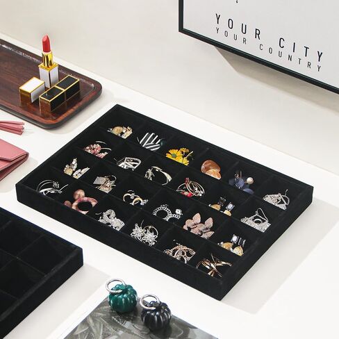 Byken 2 Pcs Stackable Jewelry Organizer Trays,24 Grids Jewelry Display Dish Tray for Selling Rings Earrings,Bedside Desktop Storage Dish for Girls (Black) in Kuwait