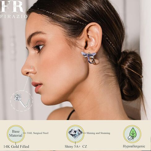 16PCS 14K Gold Plated Nose Studs 316L Surgical Steel Gold Nose Rings CZ L Shaped Nose Hoop Rings Hypoallergenic Nose Piercing Jewelry for Women Men 20G in Kuwait