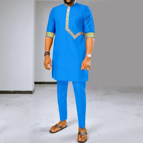 Men Tracksuit African Clothes Dashiki Embroidery Short Sleeve Shirt and Pants 2 Piece Set Dashiki Outfits in Saudi Arabia
