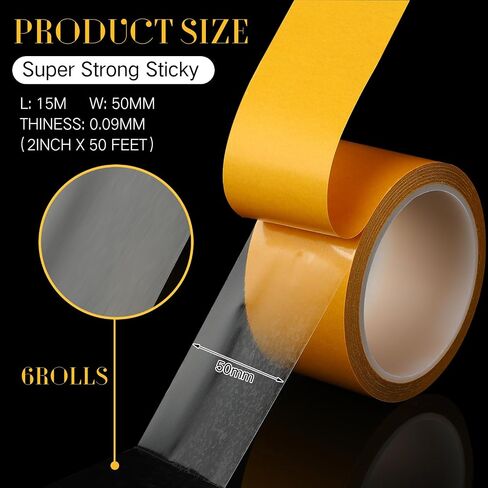 Yeaqee 6 Rolls Double Sided Tape Heavy Duty for Crafts Thin Clear Double Sided Tape Heavy Duty Adhesive for Anti Cat Scratch Paste Photos Wall Decor(2 Inch x 50 Feet) in Saudi Arabia