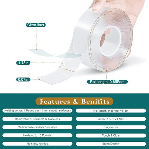 Double Sided Tape Heavy Duty,Reusable Strong Sticky Wall Tape Strips Transparent Tape Poster Carpet Tape for Paste Items,Household (9.85FT) smj-ll-b220 in Saudi Arabia