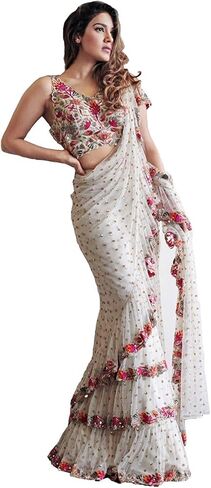 Indian Saree Sari Frill Ruffle Border Bollywood Georgette Work Ruffle Saree White in Saudi Arabia