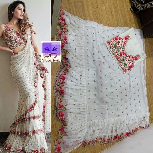 Indian Saree Sari Frill Ruffle Border Bollywood Georgette Work Ruffle Saree White in Saudi Arabia