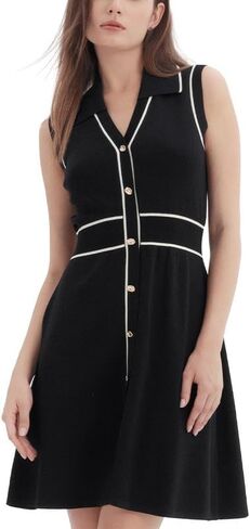 Women Summer Knitted Dress Lapel V Neck Sleeveless Sweater Dress Button Down Casual Mini Dresses in Kuwait