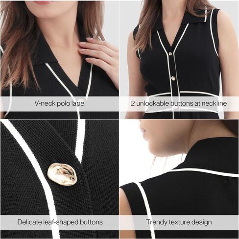 Women Summer Knitted Dress Lapel V Neck Sleeveless Sweater Dress Button Down Casual Mini Dresses in Kuwait