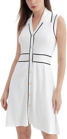 Women Summer Knitted Dress Lapel V Neck Sleeveless Sweater Dress Button Down Casual Mini Dresses in Kuwait