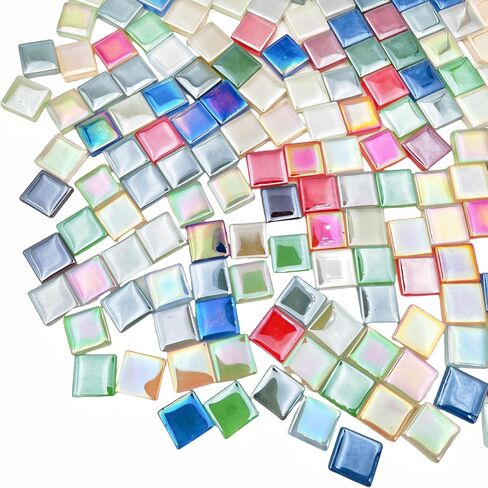 500g/1.1lb 210pcs Glass Mosaic Tiles,Mixed Colour Glass Mosaic Tiles for Crafts，Square Mosaic Tiles for Home Decoration or DIY Crafts,Iridescent Mosaic Glass Tiles (Iridescent Mixed Color, 0.59 inch) in Kuwait