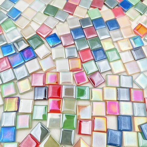 500g/1.1lb 210pcs Glass Mosaic Tiles,Mixed Colour Glass Mosaic Tiles for Crafts，Square Mosaic Tiles for Home Decoration or DIY Crafts,Iridescent Mosaic Glass Tiles (Iridescent Mixed Color, 0.59 inch) in Kuwait